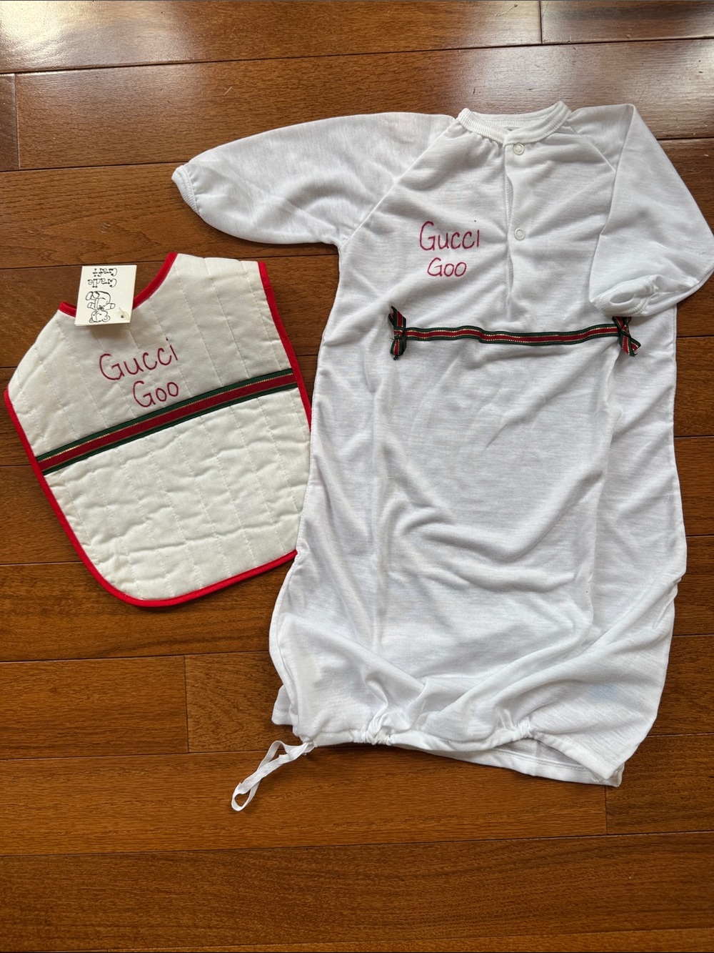 “Gucci Goo” White Sleep Sack and Bib Set with Red-Green Trim